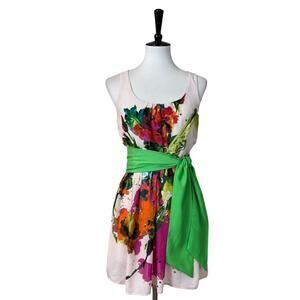 Margo & Sebastian Women's Scoop Neck Chiffon Pink Green Floral Dress Size Small